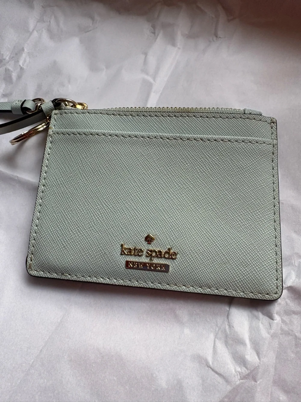 kate spade pale mint leather wristlet cardholder with key ring